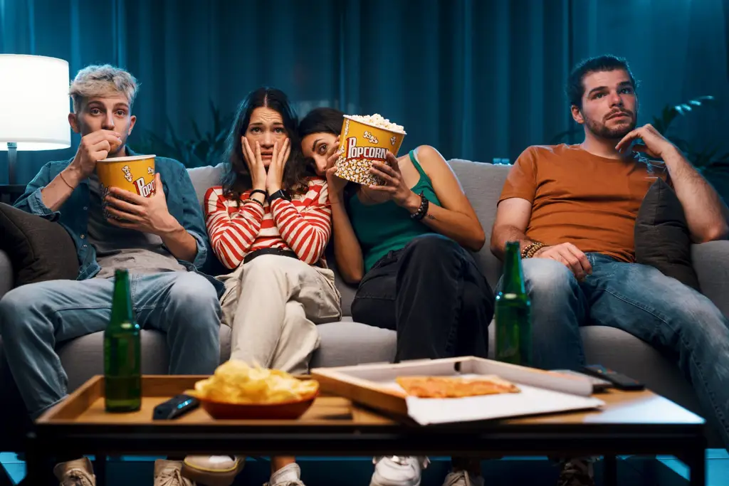 Menonton film bersama teman dan keluarga Orang-orang menonton film bersama