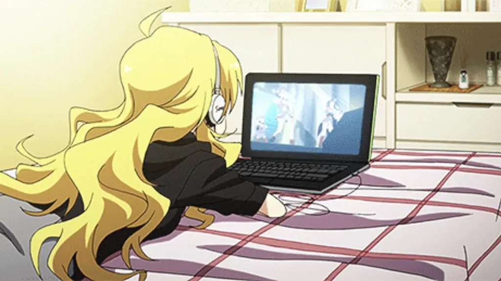 Menikmati anime dengan subtitle Indonesia Karakter anime menonton anime di layar