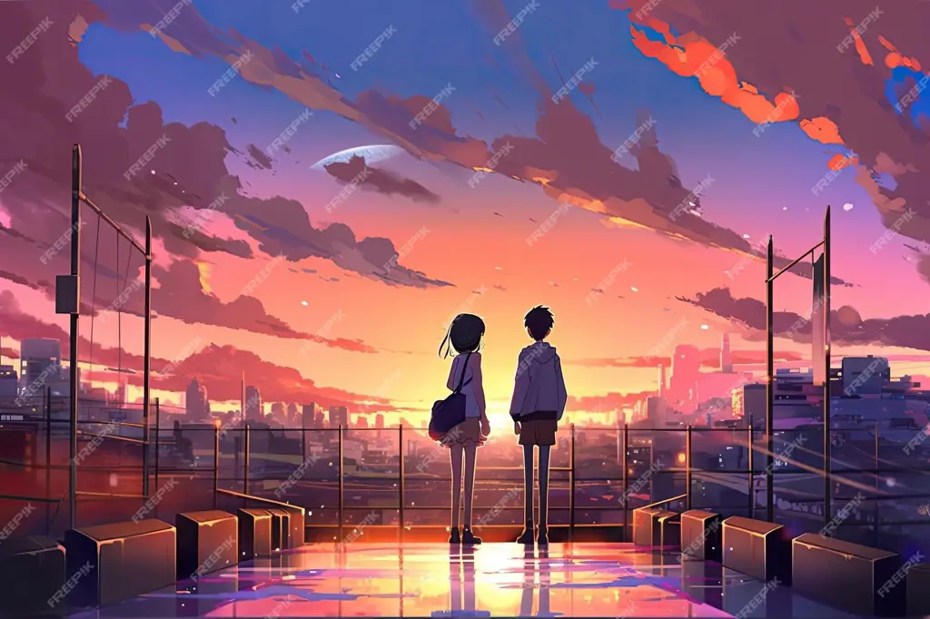Keindahan Alam dan Cinta dalam Anime Ilustrasi digital pasangan anime romantis dengan latar pemandangan alam yang indah.